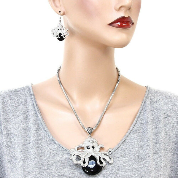 Octopus Necklace Set Chunky Statement Textured Metal Black Stone Silver Sea Life - PalmTreeSky