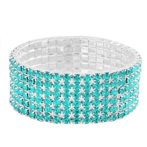Rhinestone Bracelet Stretch Bangle 6 Row Crystal Pave Evening Event Dress AQUA - PalmTreeSky
