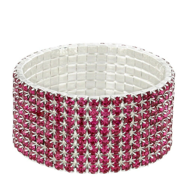 Rhinestone Bracelet Stretch Bangle 8 Row Crystal Pave Evening Event Dress FUCHSI - PalmTreeSky