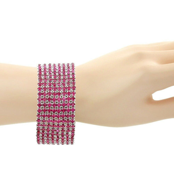 Rhinestone Bracelet Stretch Bangle 8 Row Crystal Pave Evening Event Dress FUCHSI - PalmTreeSky