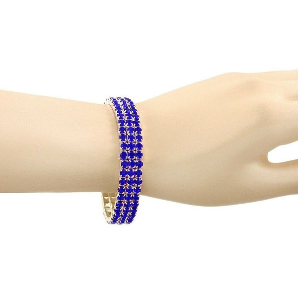 Rhinestone Bracelet Stretch Bangle 3 Row Crystal Pave Evening Event Dress B BLUE - PalmTreeSky