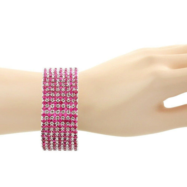 Rhinestone Bracelet Stretch Bangle 7 Row Crystal Pave Evening Event Dress FUCHSI - PalmTreeSky