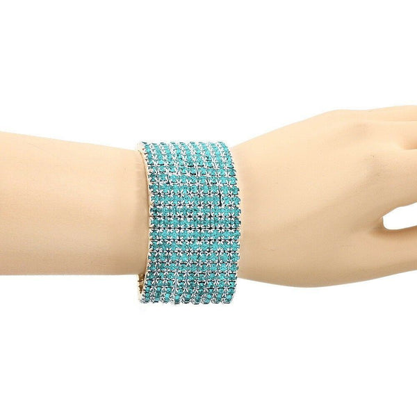 Rhinestone Bracelet Stretch Bangle 9 Row Crystal Pave Evening Event Dress AQUA - PalmTreeSky