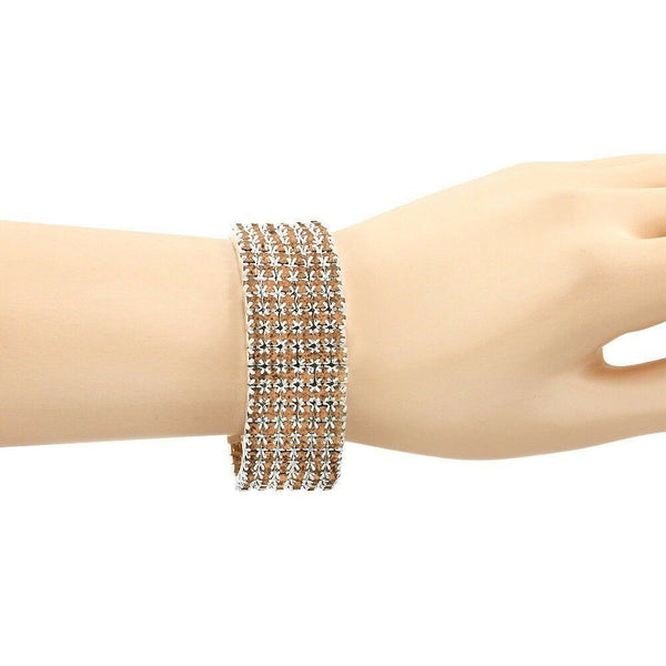 Rhinestone Bracelet Stretch Bangle 6 Row Crystal Pave Evening Event Dress TOPAZ - PalmTreeSky