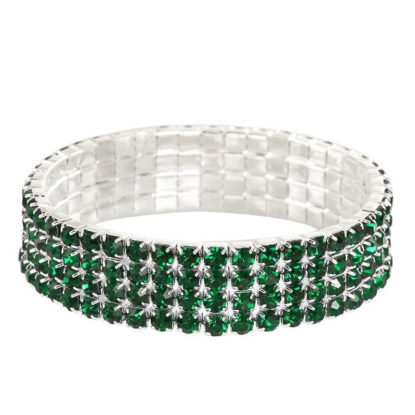 Rhinestone Bracelet Stretch Bangle 4 Row Crystal Pave Evening Event Dress DK GRN - PalmTreeSky