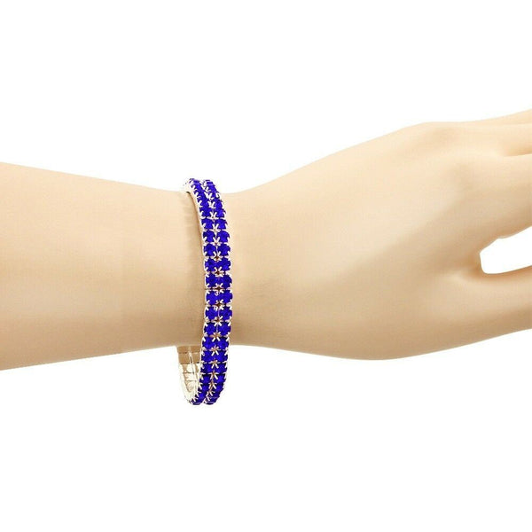 Rhinestone Bracelet Stretch Bangle 2 Row Crystal Pave Evening Event Dress B BLUE - PalmTreeSky