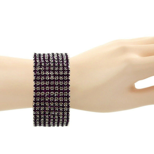 Rhinestone Bracelet Stretch Bangle 9 Row Crystal Pave Evening Event Dress PURPLE - PalmTreeSky