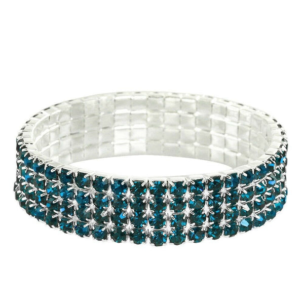 Rhinestone Bracelet Stretch Bangle 4 Row Crystal Pave Evening Event Dress BLUE - PalmTreeSky