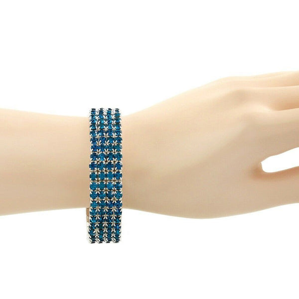 Rhinestone Bracelet Stretch Bangle 4 Row Crystal Pave Evening Event Dress BLUE - PalmTreeSky