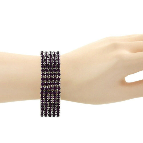 Rhinestone Bracelet Stretch Bangle 5 Row Crystal Pave Evening Event Dress PURPLE - PalmTreeSky