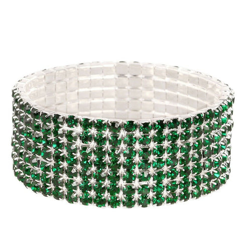 Rhinestone Bracelet Stretch Bangle 7 Row Crystal Pave Evening Event Dress DK GRN - PalmTreeSky