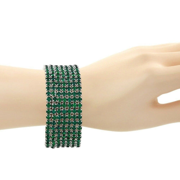 Rhinestone Bracelet Stretch Bangle 7 Row Crystal Pave Evening Event Dress DK GRN - PalmTreeSky