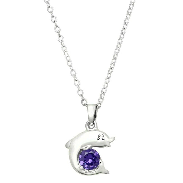 Dolphin Necklace Plain Silver Metal Purple Crystal Stone Beach Sea Life Gift - PalmTreeSky