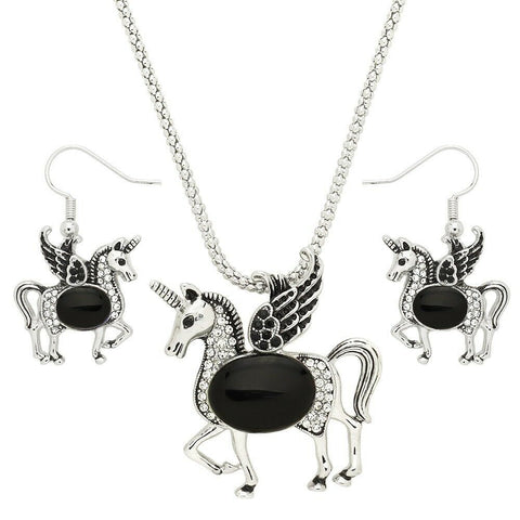 Unicorn Necklace Set Magical Horse Filigree Textured Metal Stone Center 7 COLORS - PalmTreeSky