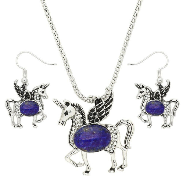 Unicorn Necklace Set Magical Horse Filigree Textured Metal Stone Center 7 COLORS - PalmTreeSky
