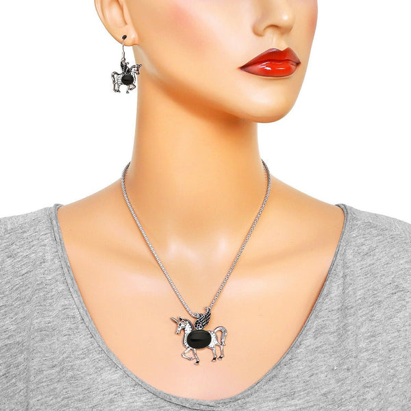 Unicorn Necklace Set Magical Horse Filigree Textured Metal Stone Center 7 COLORS - PalmTreeSky
