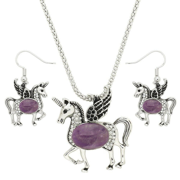 Unicorn Necklace Set Magical Horse Filigree Textured Metal Stone Center 7 COLORS - PalmTreeSky
