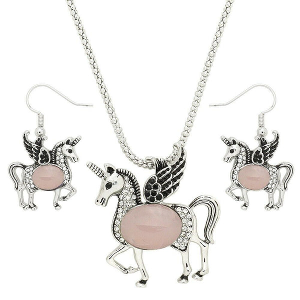 Unicorn Necklace Set Magical Horse Filigree Textured Metal Stone Center 7 COLORS - PalmTreeSky