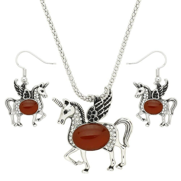 Unicorn Necklace Set Magical Horse Filigree Textured Metal Stone Center 7 COLORS - PalmTreeSky