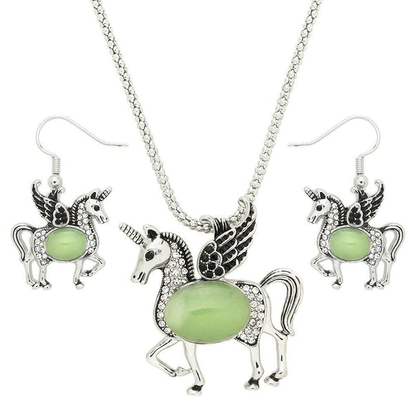 Unicorn Necklace Set Magical Horse Filigree Textured Metal Stone Center 7 COLORS - PalmTreeSky