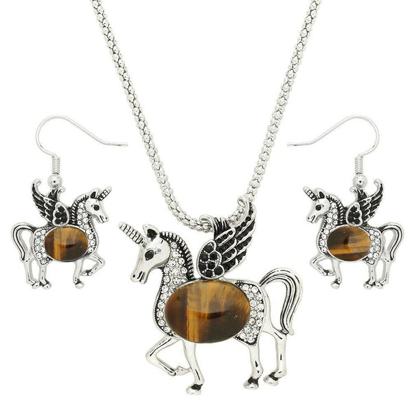 Unicorn Necklace Set Magical Horse Filigree Textured Metal Stone Center 7 COLORS - PalmTreeSky