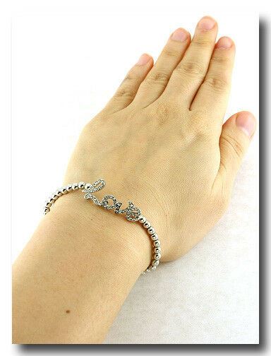 Love Bracelet Script Pave Rhinestone Beaded Forever Heart Valentine Gift SILVER - PalmTreeSky