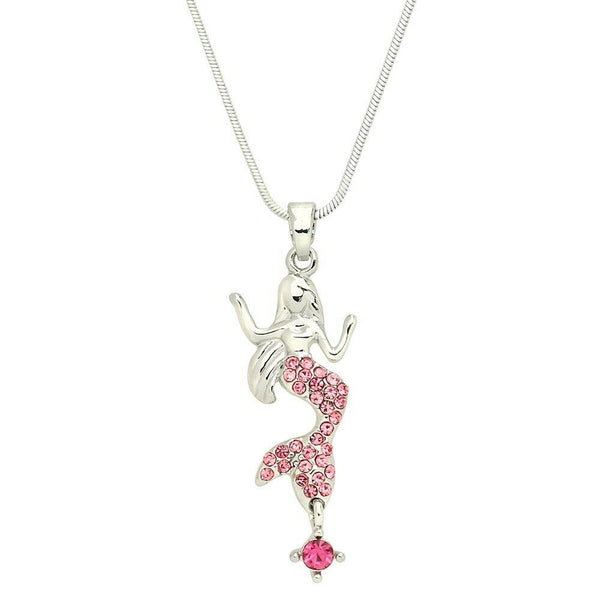 Mermaid Necklace Crystal Charm Rhinestone Beach SeaLife Surf Jewelry SILVER PINK - PalmTreeSky