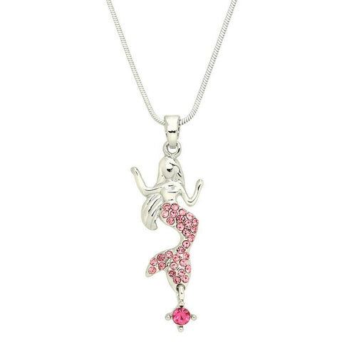Mermaid Necklace Crystal Charm Rhinestone Beach SeaLife Surf Jewelry SILVER PINK - PalmTreeSky