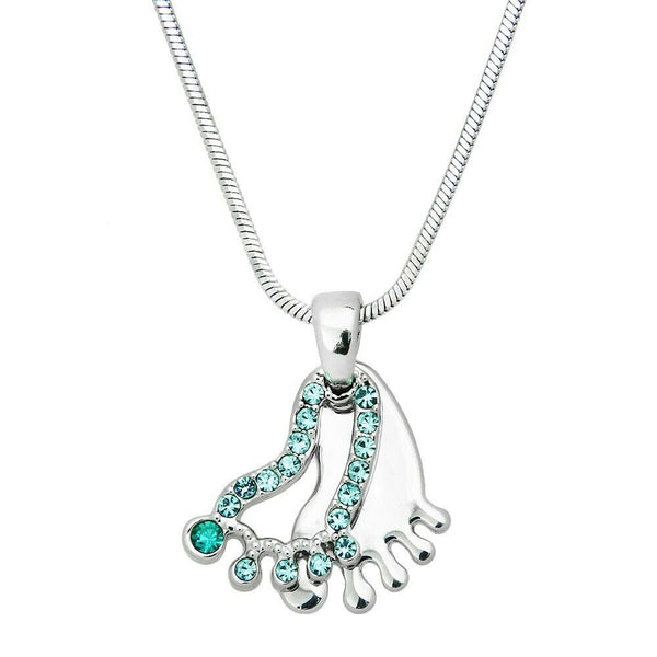 Feet Necklace Crystal Rhinestone Pendant 17mm Toes Sand Prayer SILVER AQUA Foot - PalmTreeSky