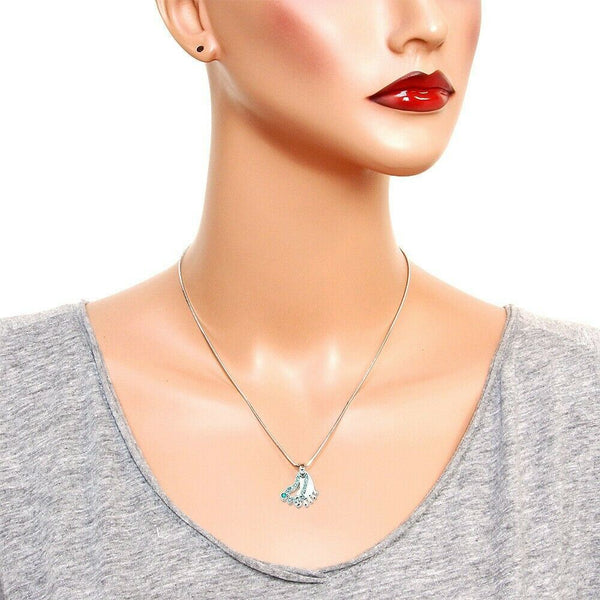Feet Necklace Crystal Rhinestone Pendant 17mm Toes Sand Prayer SILVER AQUA Foot - PalmTreeSky