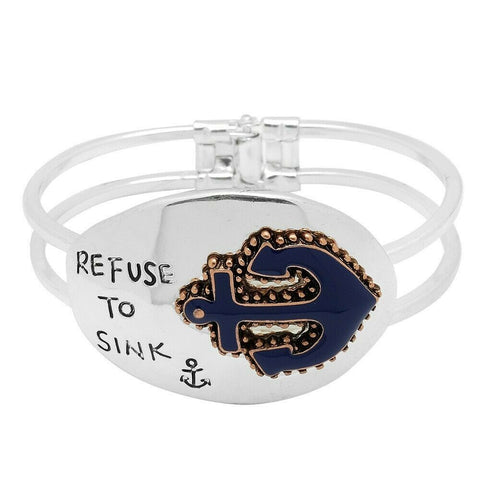 Anchor Bracelet Hinge Bangle Double Bar REFUSE TO SINK Nautical Sea Shell SILVER - PalmTreeSky