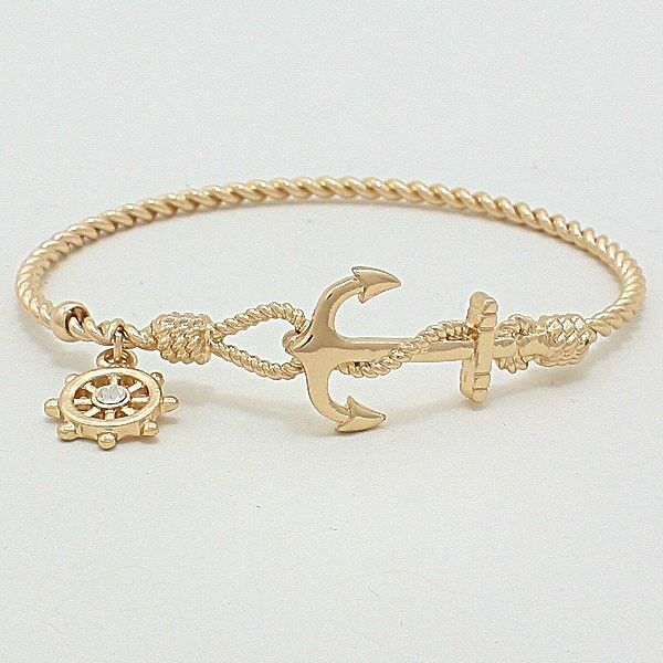 Anchor Wheel Thin Open Bangle Bracelet GOLD Nautical Sea Life Sailing Boating - PalmTreeSky