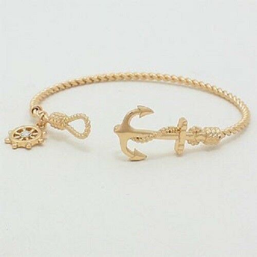 Anchor Wheel Thin Open Bangle Bracelet GOLD Nautical Sea Life Sailing Boating - PalmTreeSky