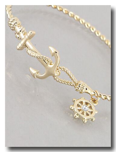 Anchor Wheel Thin Open Bangle Bracelet GOLD Nautical Sea Life Sailing Boating - PalmTreeSky
