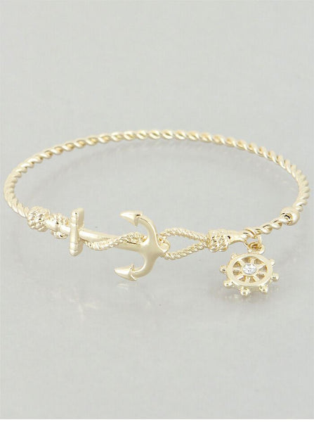 Anchor Wheel Thin Open Bangle Bracelet GOLD Nautical Sea Life Sailing Boating - PalmTreeSky