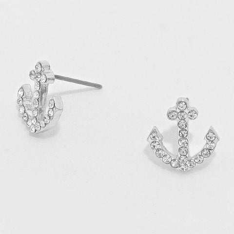 Anchor Earrings Sea Life Small Stud Post Pave Rhinestone Nautical Boat .5" SLVR - PalmTreeSky