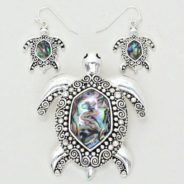 Turtle Pendant Earrings SET SeaLife Swirly SILVER ABALONE SHELL Beach Jewelry - PalmTreeSky