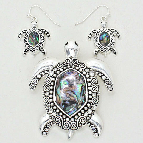 Turtle Pendant Earrings SET SeaLife Swirly SILVER ABALONE SHELL Beach Jewelry - PalmTreeSky
