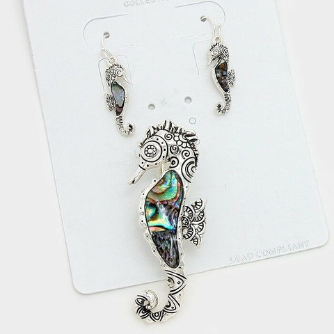 Sea Horse Pendant Earrings SET Abalone Shell Swirl SILVER 2.25"L Beach Magnetic - PalmTreeSky