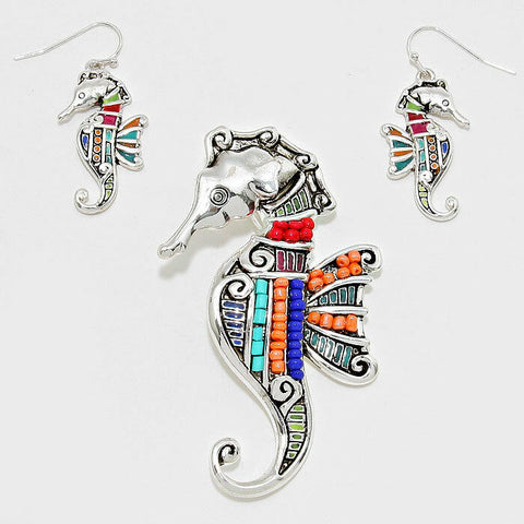 Sea Horse Pendant Earrings SILVER MULTI Sea Life Seahorse Starfish Beach Jewelry - PalmTreeSky