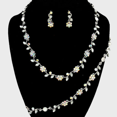 Rhinestone Necklace Flower Ivy Leaf Petal 3 piece Set Dress Evening SILVER AB - PalmTreeSky