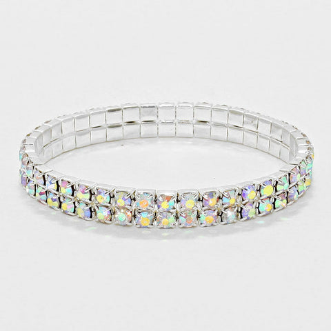 Rhinestone Bracelet 2 Row Wide Stretch Bangle Crystal Pave Wedding Bride SLVR AB - PalmTreeSky