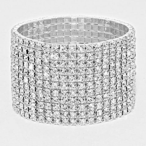 Rhinestone Bracelet 11 Row Wide Stretch Bangle Crystal Pave Wedding Bride SILVER - PalmTreeSky