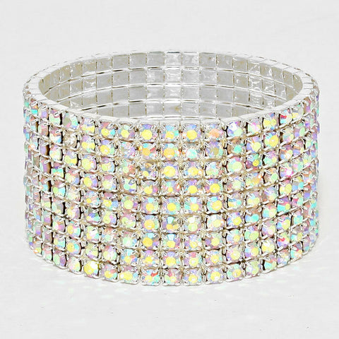 Rhinestone Bracelet 9 Row Wide Stretch Bangle Crystal Pave Wedding Bride SLVR AB - PalmTreeSky