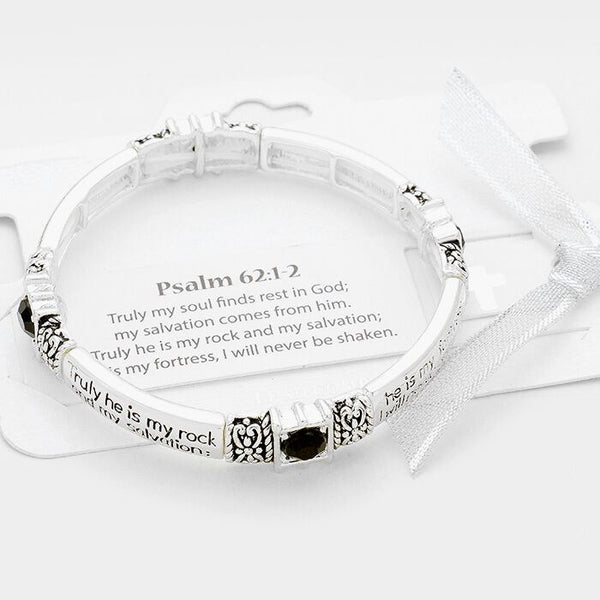 Psalm 62:12 Bracelet Stretch Bangle Crystals Salvation SLVR BK Religious Jewelry - PalmTreeSky