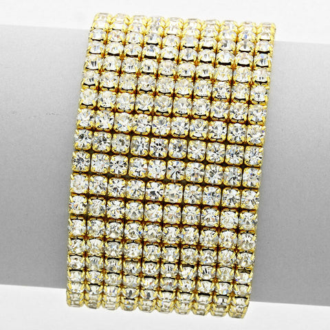 Rhinestone Bracelet 10 Row Wide Stretch Bangle Crystal Pave Wedding Bride GOLD - PalmTreeSky