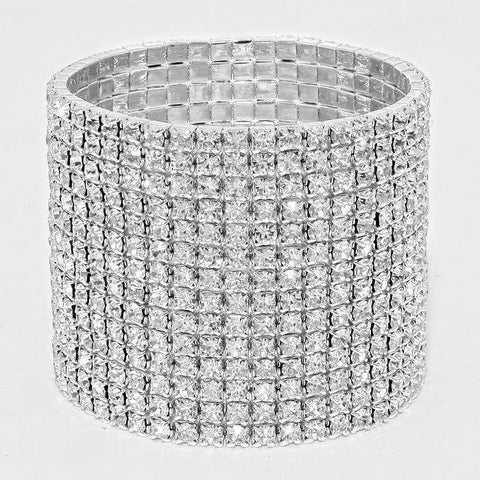 Rhinestone Bracelet 14 Row Wide Stretch Bangle Crystal Pave Wedding Bride SILVER - PalmTreeSky