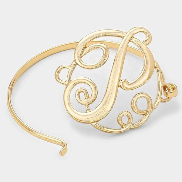 Monogram Initial Bangle Bracelet GOLD 1.75" Hinge Bangle Metal Jewelry Letter P - PalmTreeSky
