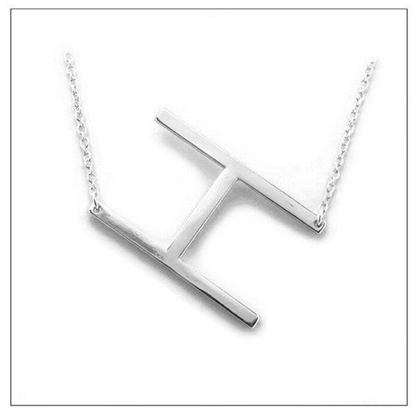 Initial Necklace Side Letter H Thin Large Monogram 1.75" Personalized SILVER - PalmTreeSky