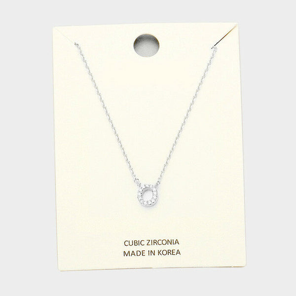 Initial Necklace Tiny CZ Cubic Zirconia .2" Monogram Letter O Rhinestone SILVER - PalmTreeSky
